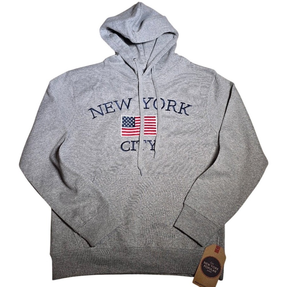 New York Popular Men (S Gray Hoodie NYC American Flag Embroidered Sweatshirt NWT